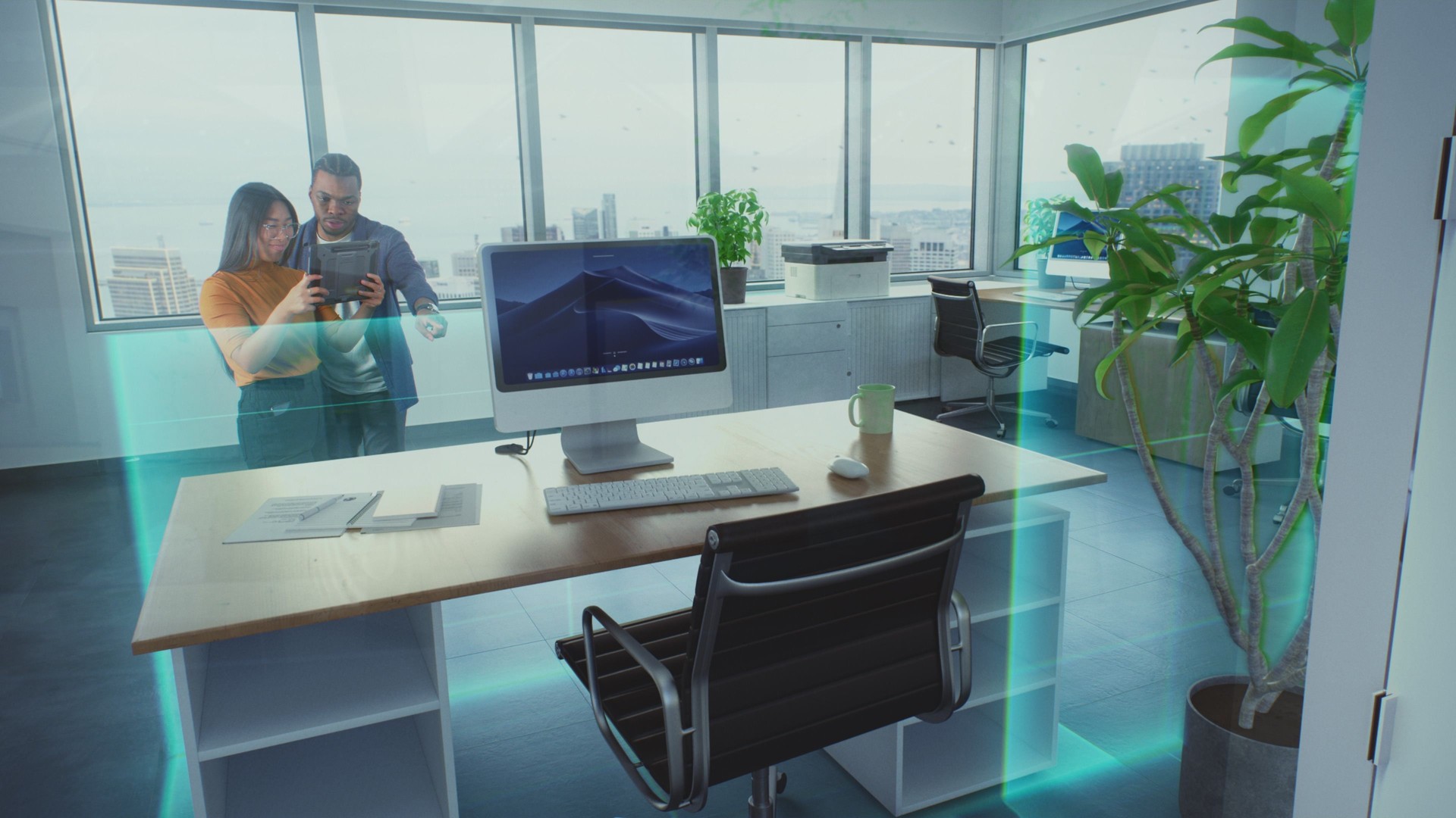 Diverse team of designers uses tablet computer and augmented reality interior design software