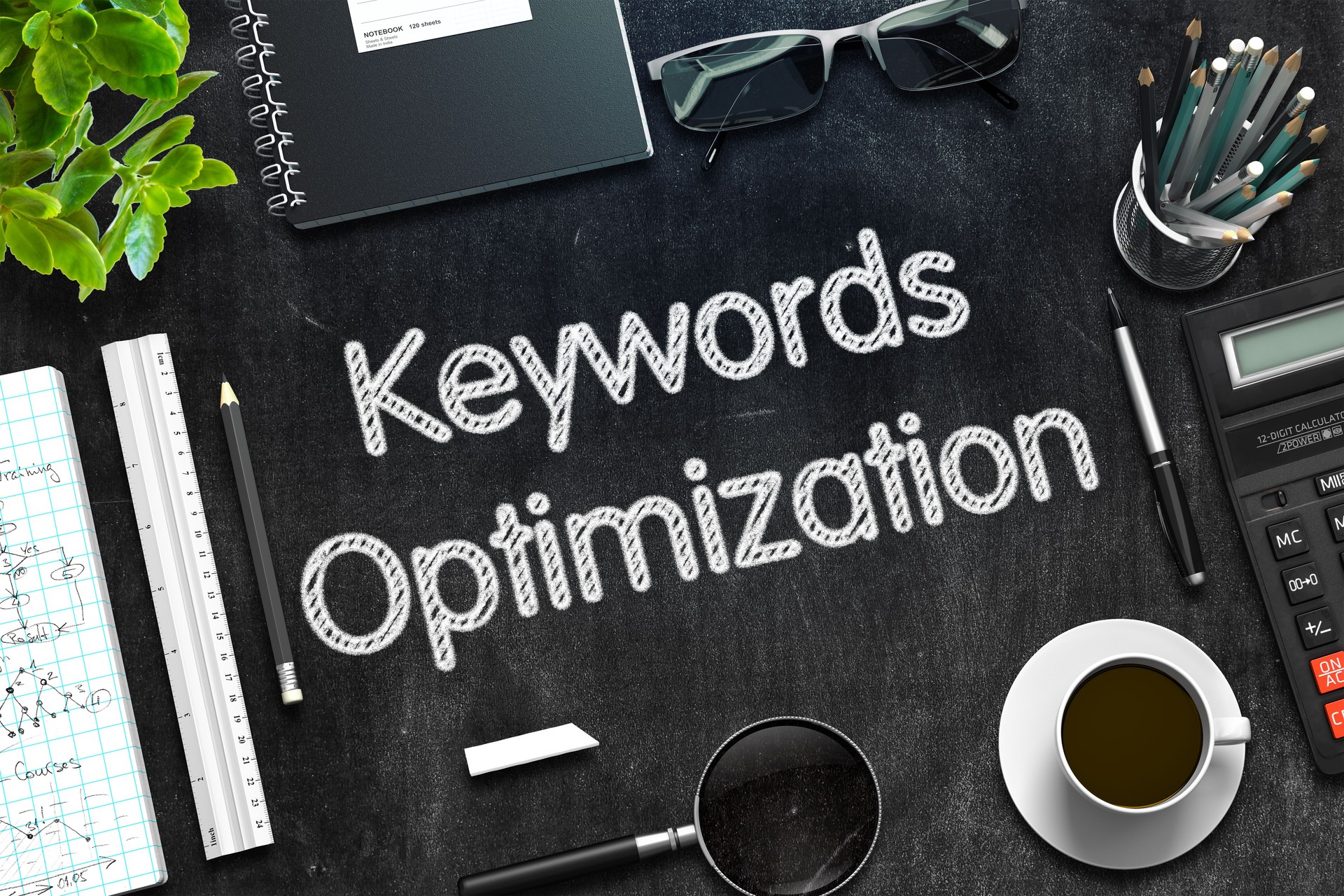 Black Chalkboard with Keywords Optimization. 3D Rendering