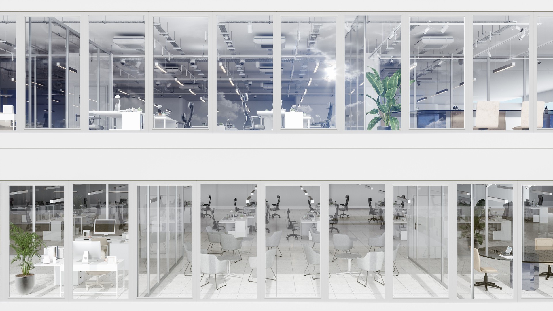 Outside View Of Open Office With Tables, Chairs ,Waiting Room And Meeting Room